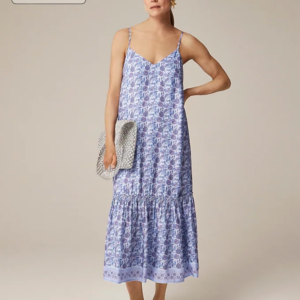 NEW JCrew Tiered tie-waist dress in dusty periwinkle block print - Medium
